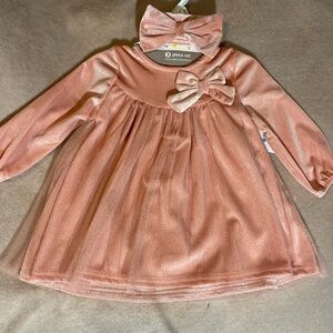 Velvet Pink Long Sleeve Dress with Bow